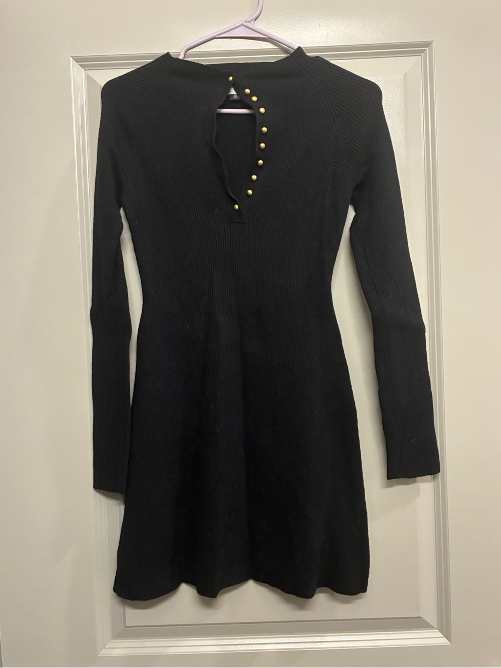 Black Long-Sleeve Ribbed Knit Dress with Gold Button Detail